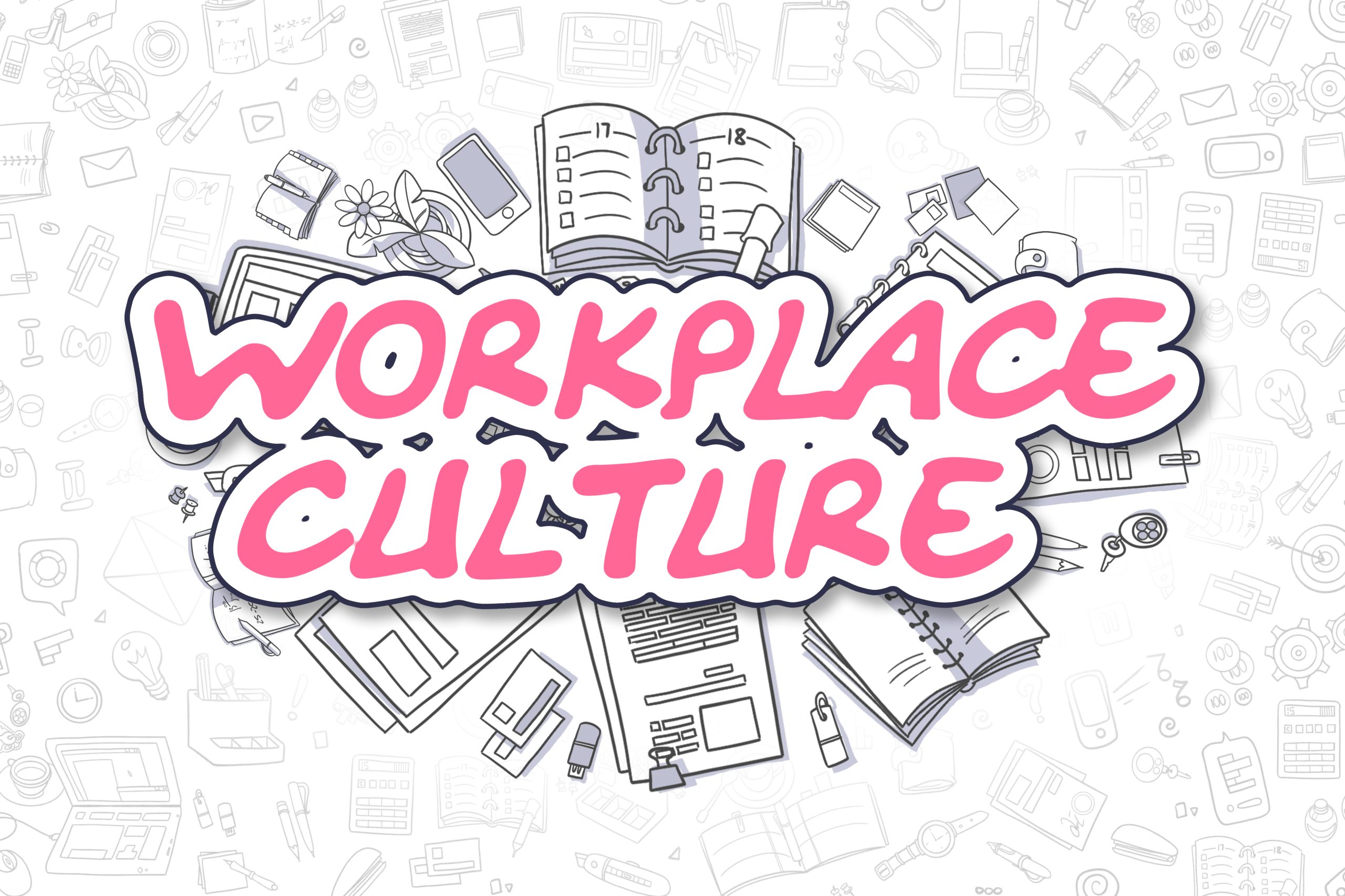 Workplace Culture Doodle Illustration of Magenta Word and Stationery Surrounded by Doodle Icons. Business Concept for Web Banners and Printed Materials.